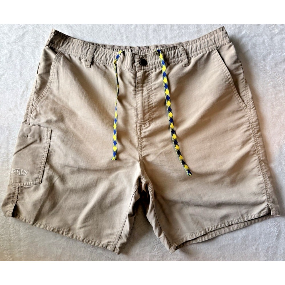 AFTCO Fishing Shorts Mens 34 Khaki Sand Elastic Waist Nylon Cargo Outdoors